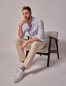 Blue & White Stripe Linen Slim Shirt - Button Down Collar-preview5