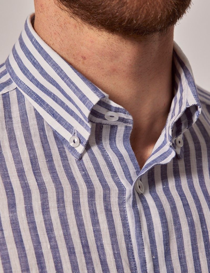 Men's Navy & White Stripe Linen Slim Shirt - Button Down Collar | Hawes ...