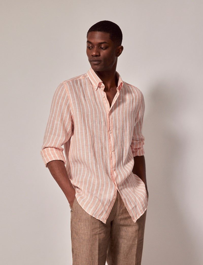 Men's Coral & White Bold Stripe Linen Slim Shirt - Button Down Collar ...