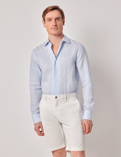 Blue & White Stripe Pure Linen Slim Shirt - One Piece Collar - Full Cutaway
