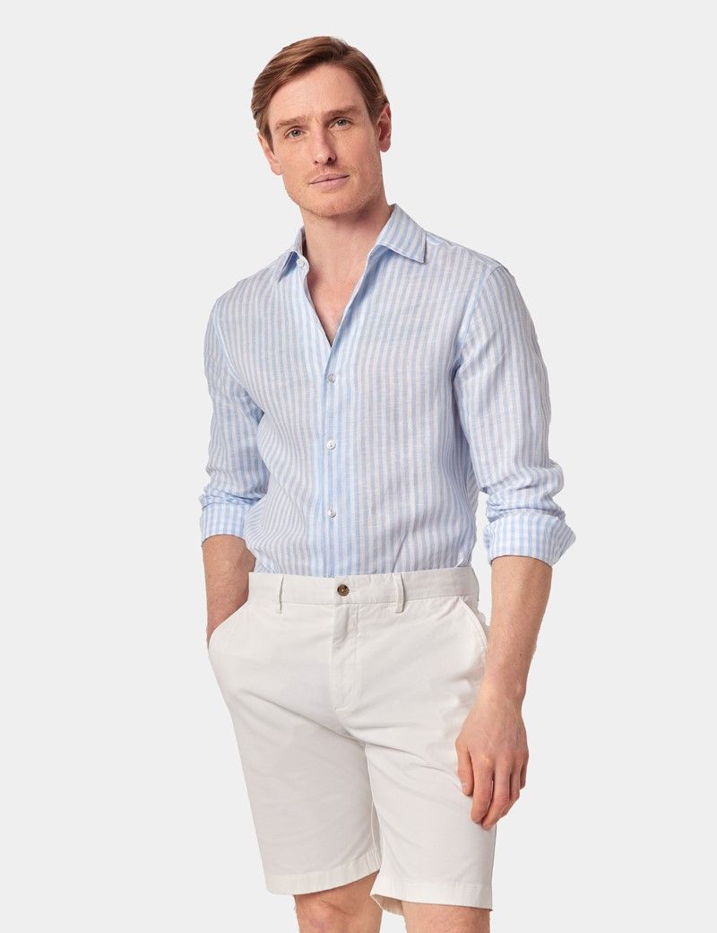 Slim Fit Blue & White Stripe Linen Shirt