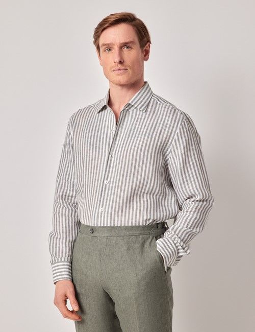 Khaki & White Stripe Pure Linen Slim Shirt - One Piece Collar - Full Cutaway