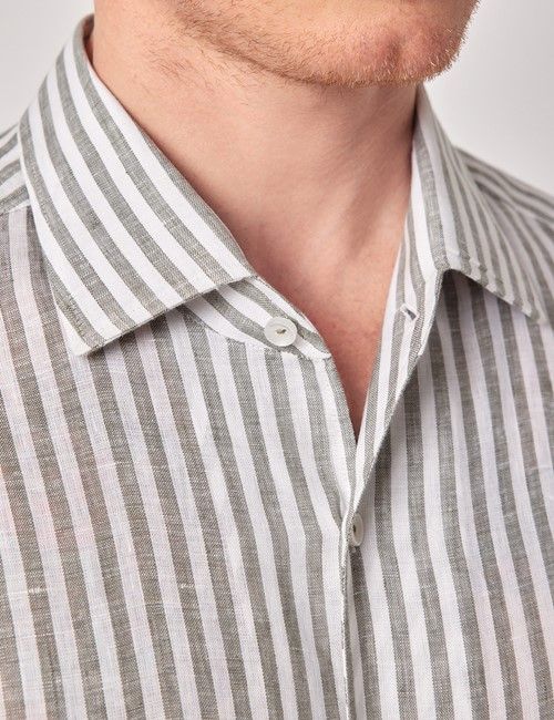 Khaki & White Stripe Pure Linen Slim Shirt - One Piece Collar - Full Cutaway-preview