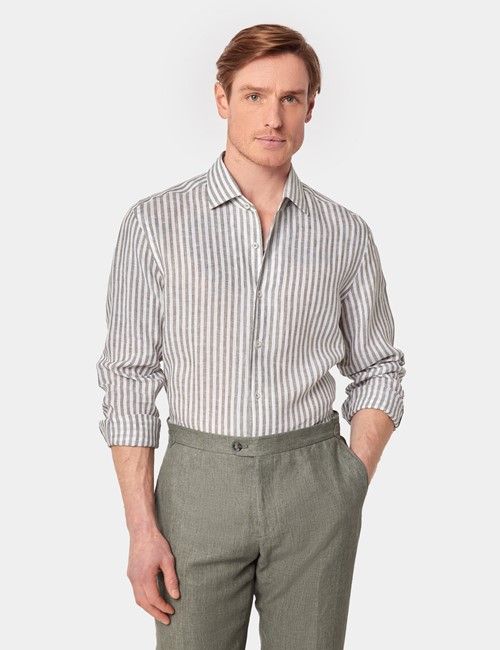Slim Fit Khaki & White Stripe Shirt - One Piece Collar
