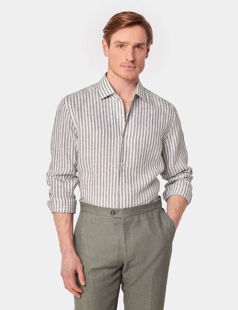 Slim Fit Khaki & White Stripe Shirt