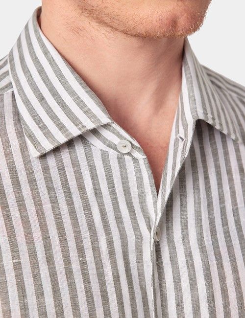 Slim Fit Khaki & White Stripe Shirt - One Piece Collar-preview