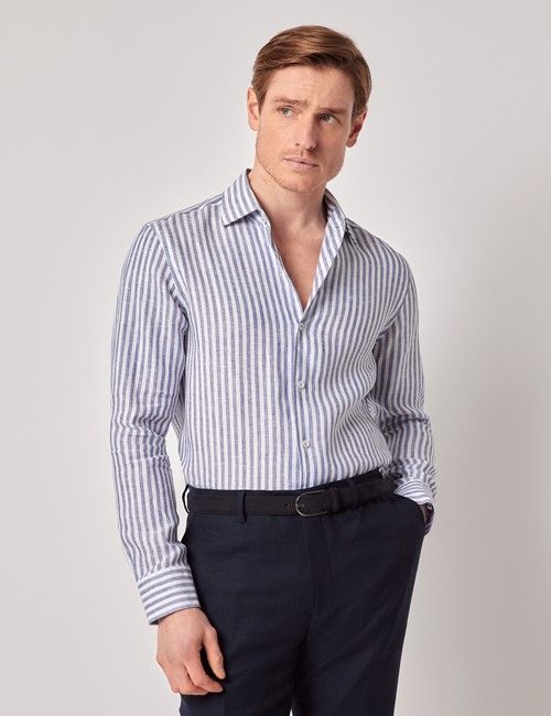 Navy & White Stripe Pure Linen Slim Shirt - One Piece Collar - Full Cutaway