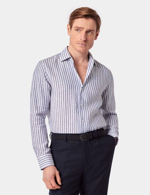 Slim Fit Navy & White Stripe Shirt - One Piece Collar