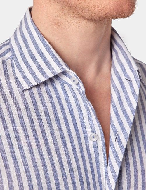 Slim Fit Navy & White Stripe Shirt - One Piece Collar-preview