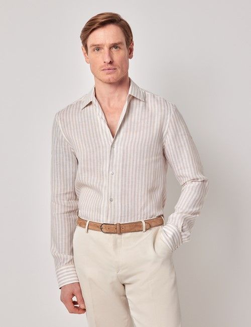Beige & White Stripe Pure Linen Slim Shirt - One Piece Collar - Full Cutaway