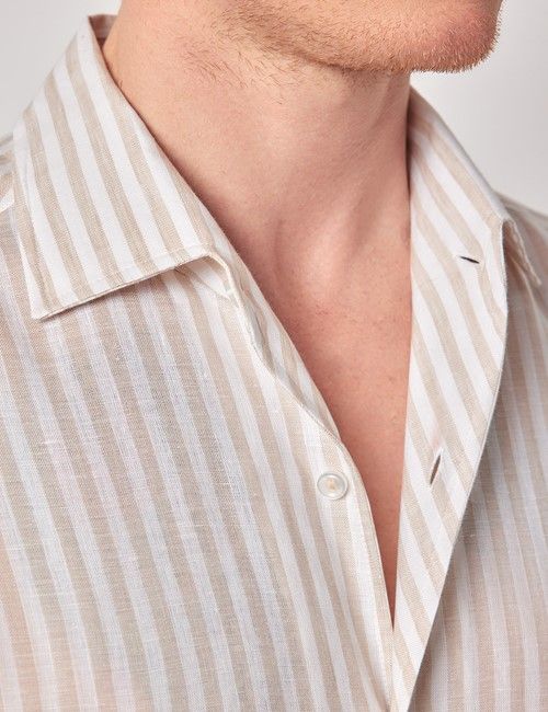 Beige & White Stripe Pure Linen Slim Shirt - One Piece Collar - Full Cutaway-preview