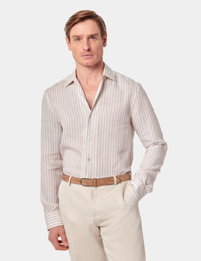 Slim Fit Beige & White Stripe Shirt