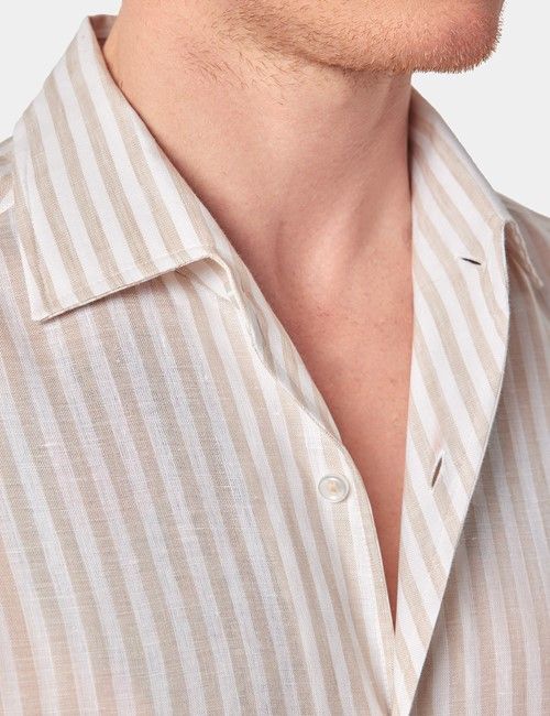 Slim Fit Beige & White Stripe Shirt - One Piece Collar-preview