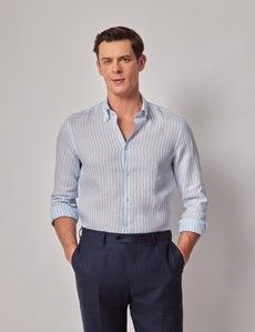 Blue & White Stripe Pure Linen Slim Shirt – Button Down Collar