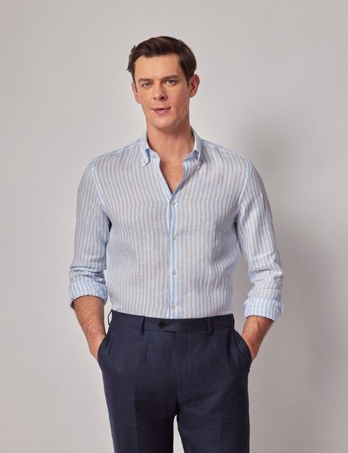 Blue & White Stripe Pure Linen Slim Shirt – Button Down Collar