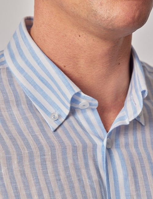 Blue & White Stripe Pure Linen Slim Shirt – Button Down Collar-preview