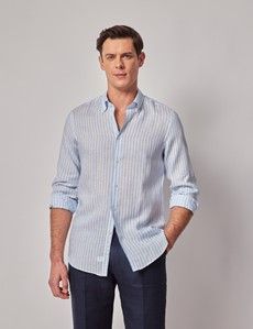 Blue & White Stripe Pure Linen Slim Shirt – Button Down Collar-preview2