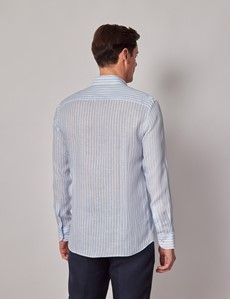Blue & White Stripe Pure Linen Slim Shirt – Button Down Collar-preview3