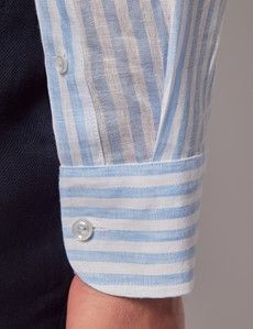 Blue & White Stripe Pure Linen Slim Shirt – Button Down Collar-preview4