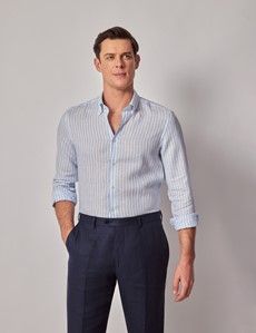 Blue & White Stripe Pure Linen Slim Shirt – Button Down Collar-preview5