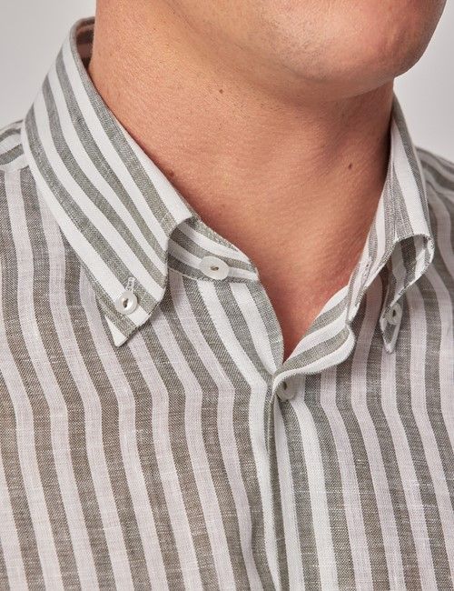 Khaki & White Stripe Pure Linen Slim Shirt – Button Down Collar-preview
