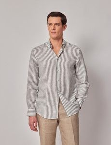 Khaki & White Stripe Pure Linen Slim Shirt – Button Down Collar-preview2