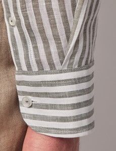Khaki & White Stripe Pure Linen Slim Shirt – Button Down Collar-preview3