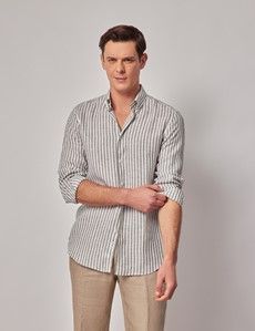 Khaki & White Stripe Pure Linen Slim Shirt – Button Down Collar-preview4