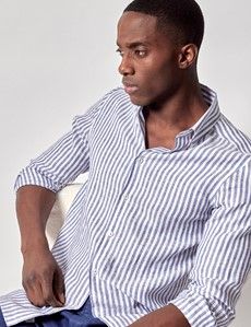Navy & White Stripe Pure Linen Slim Shirt – Button Down Collar-preview5
