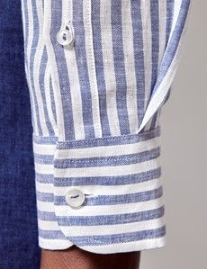 Navy & White Stripe Pure Linen Slim Shirt – Button Down Collar-preview4