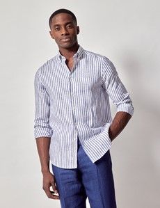 Navy & White Stripe Pure Linen Slim Shirt – Button Down Collar