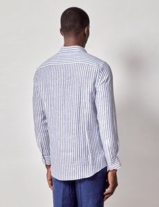 Navy & White Stripe Pure Linen Slim Shirt – Button Down Collar-preview3