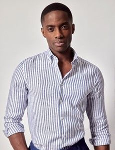 Navy & White Stripe Pure Linen Slim Shirt – Button Down Collar-preview2