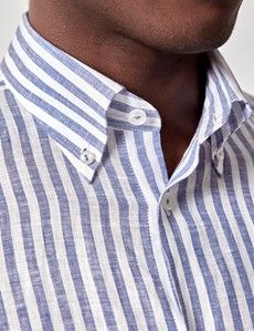 Navy & White Stripe Pure Linen Slim Shirt – Button Down Collar-preview1