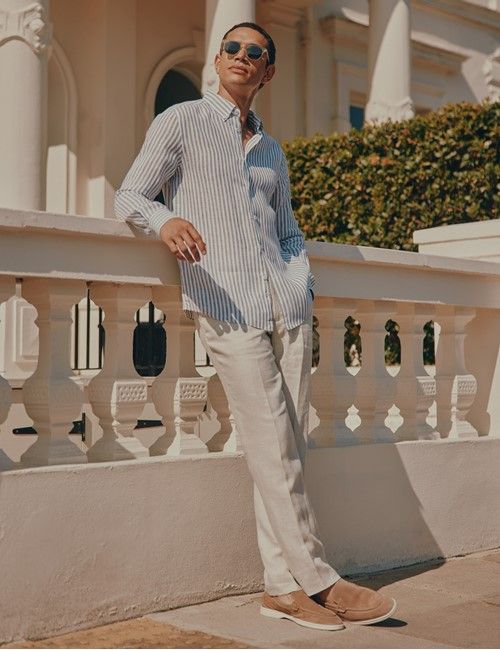 Navy & White Stripe Pure Linen Slim Shirt – Button Down Collar-preview