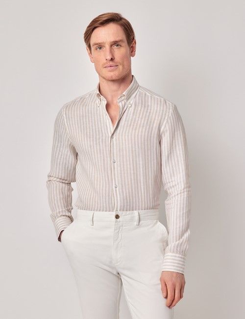 Beige & White Stripe Pure Linen Slim Shirt – Button Down Collar