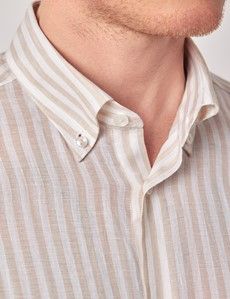 Beige & White Stripe Pure Linen Slim Shirt – Button Down Collar-preview1