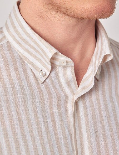 Beige & White Stripe Pure Linen Slim Shirt – Button Down Collar-preview