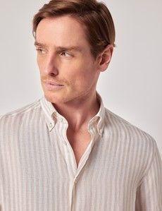 Beige & White Stripe Pure Linen Slim Shirt – Button Down Collar-preview2
