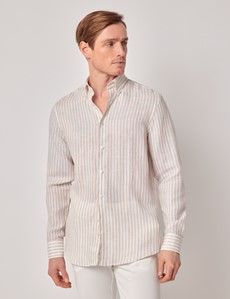Beige & White Stripe Pure Linen Slim Shirt – Button Down Collar-preview3