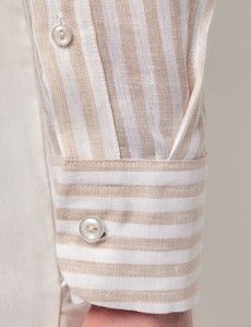 Beige & White Stripe Pure Linen Slim Shirt – Button Down Collar-preview4