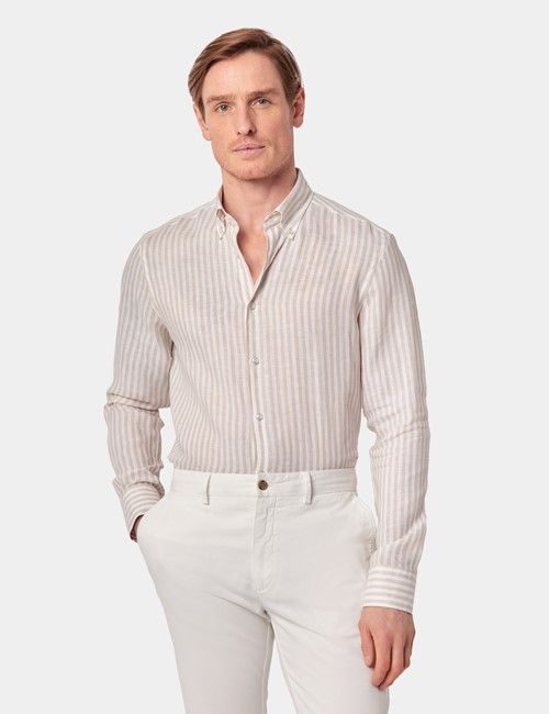 Slim Fit Beige & White Stripe Shirt