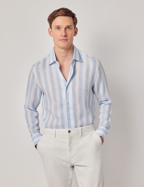 Blue & White Bold Stripe Pure Linen Slim Shirt - One Piece Collar - Full Cutaway