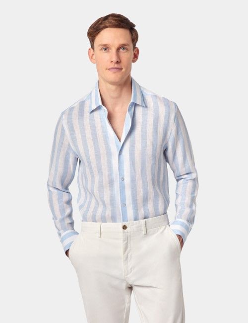 Blue & White Bold Stripe Pure Linen Slim Shirt - One Piece Collar - Full Cutaway
