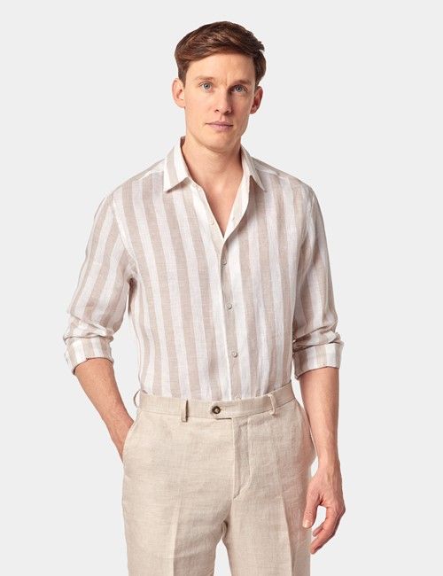 Natural & White Bold Stripe Pure Linen Slim Shirt - One Piece Collar - Full Cutaway