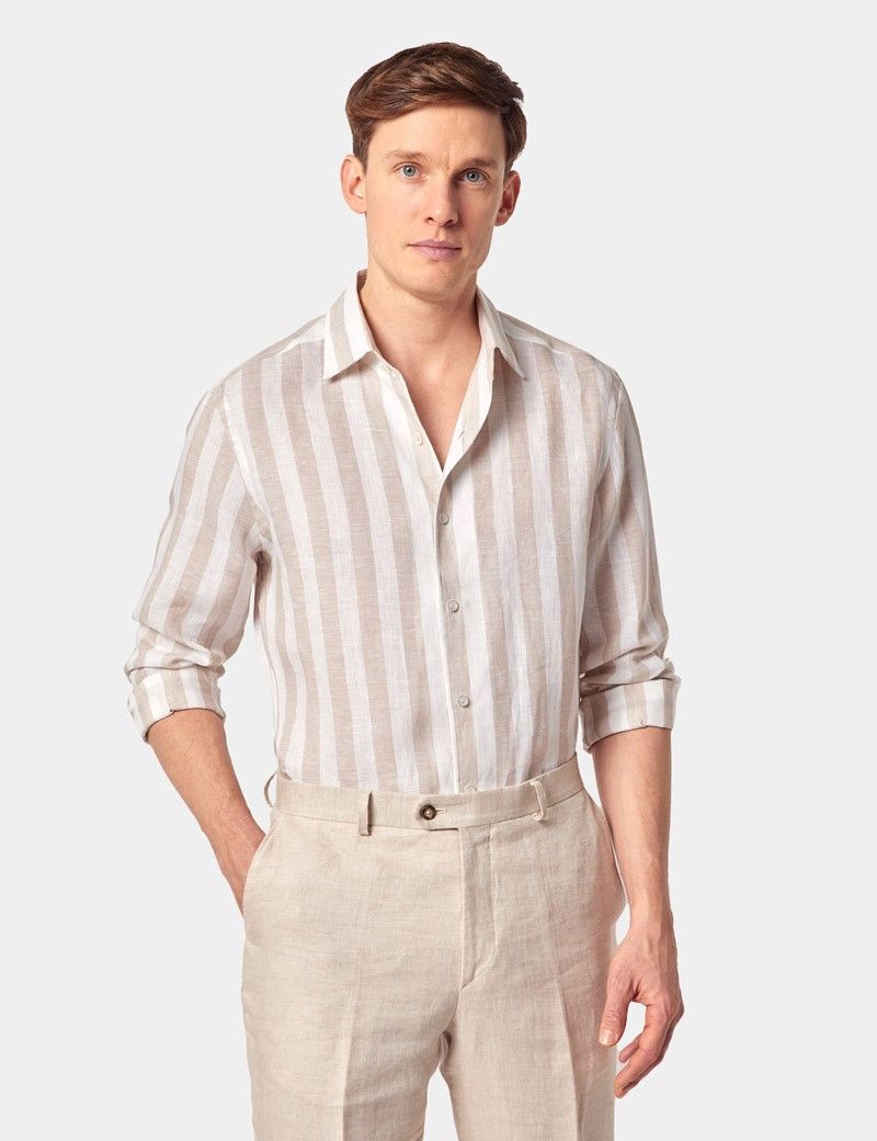 Slim Fit Natural & White Bold Stripe Linen Shirt