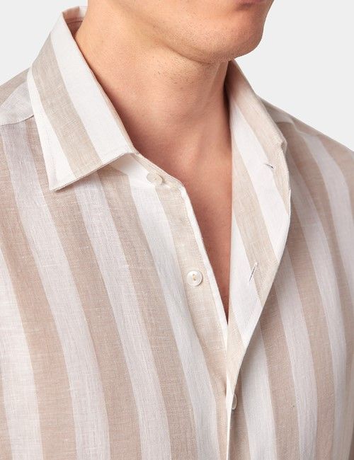 Natural & White Bold Stripe Pure Linen Slim Shirt - One Piece Collar - Full Cutaway-preview