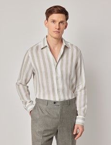 Sage Green & White Bold Stripe Pure Linen Slim Shirt - One Piece Collar - Full Cutaway