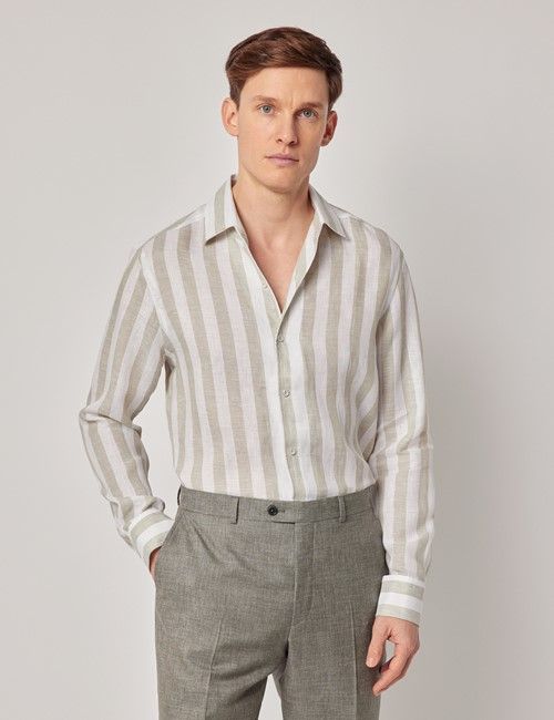 Sage Green & White Bold Stripe Pure Linen Slim Shirt - One Piece Collar - Full Cutaway