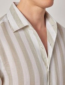 Sage Green & White Bold Stripe Pure Linen Slim Shirt - One Piece Collar - Full Cutaway-preview1